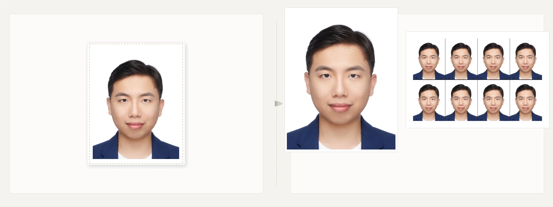ID photo crop demo: original with crop guide, 2-inch headshot and 4×6 print layout